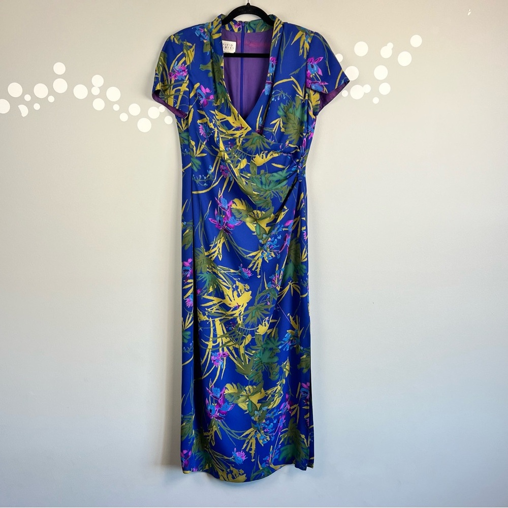 David Warren Vintage Floral Chiffon Faux Wrap Dress Size 12 Tropical